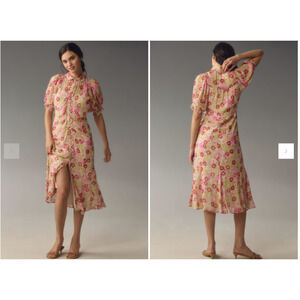 NWT By Anthropologie Puff-Sleeve Ruched Mesh Midi Shirt Dress sz 0P Pink #7H455